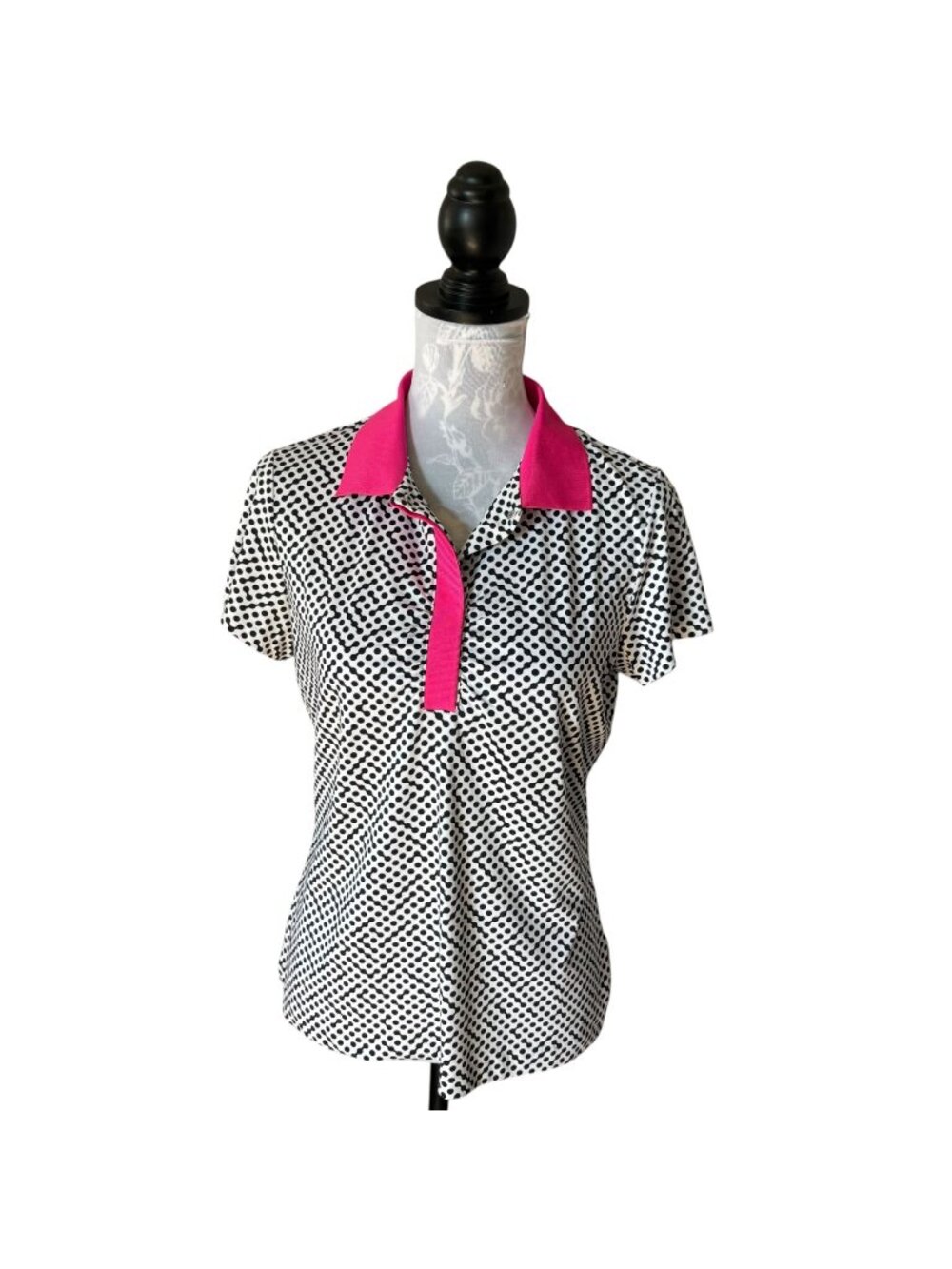 TAIL Womens Golf Polo Shirt Top Pink Black Polka Dot Size Medium